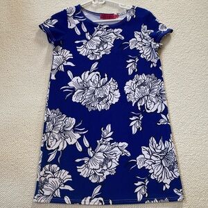 Blue and white floral shift dress